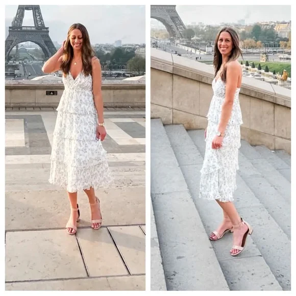 NWOT Lulus Petal Party White Floral Print Plisse Surplice Midi Dress - Picture 12 of 14